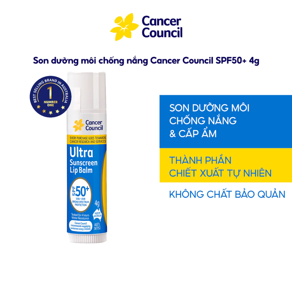 Son Dưỡng Môi Chống Nắng Cancer Council Ultra Lip Balm SPF50+ (4g) Bảo Vệ Tối Ưu Dưỡng Ẩm Chuyên Sâu