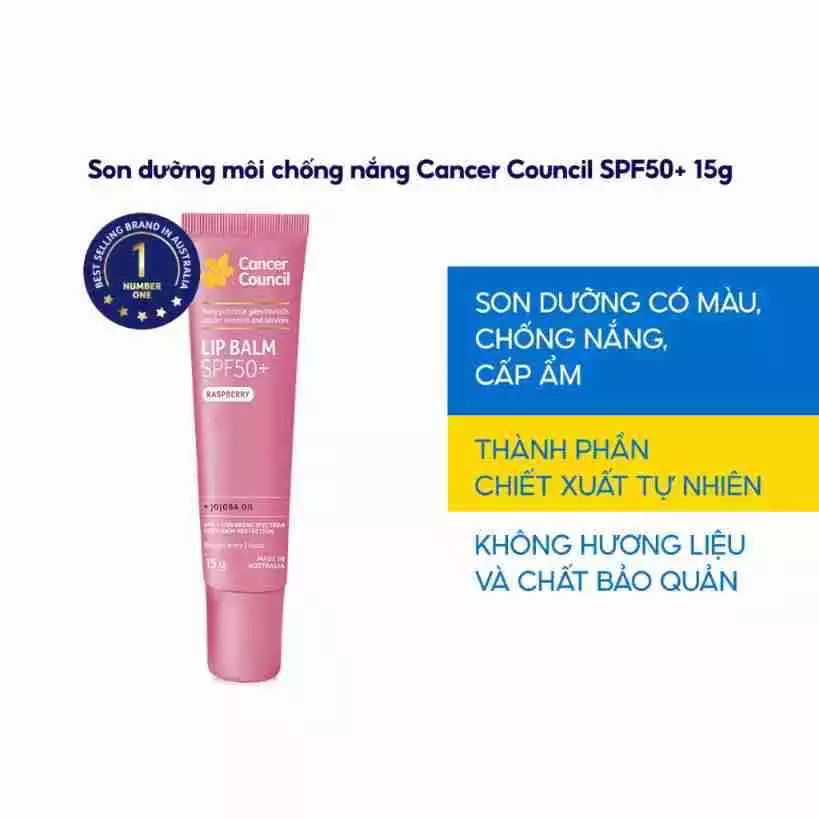 Son Dưỡng Môi Chống Nắng Cancer Council Lip Balm Raspberry SPF50+ 15g - Màu Hồng, Hương Quả Mâm Xôi