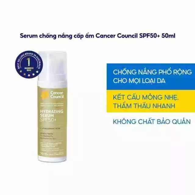 Kem Chống Nắng Cancer Council Hydrating Serum SPF50+ (50ml) – Cấp Ẩm Toàn Diện, Dùng Cho Da Dầu