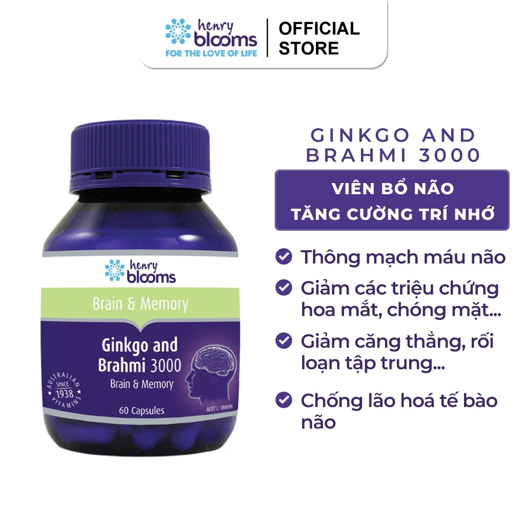 Viên Uống Bổ Não & Tăng Cường Trí Nhớ Ginkgo And Brahmi 3000 Henry Blooms (30-60 Viên/Hộp)