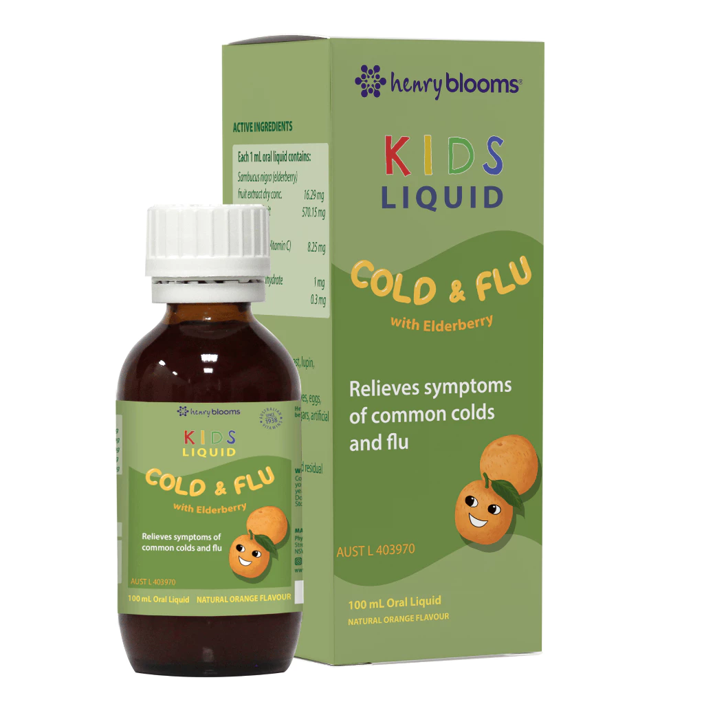 Henry Blooms Kids Liquid Cold And Flu With Elderberry 100ml – Hỗ Trợ Làm Dịu Triệu Chứng Cảm Cúm